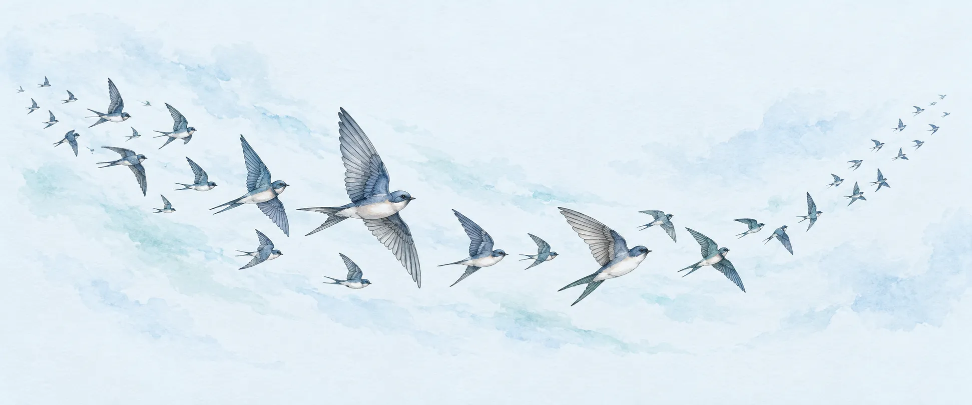 Watercolor illustration of a flock of birds sweeping together through a pale blue sky.